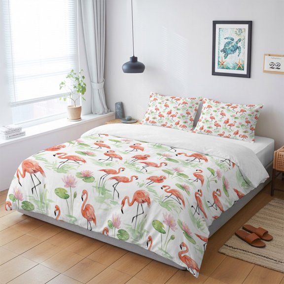 Duvet Cover King Size 3 Piece Bedding Set, Summer Pink Flamingos Lotus Soft Breathable Comforter Cover with 2 Pillow Shams, Tropical Animal Plant Luxury Duvet Covers with Zipper Closure