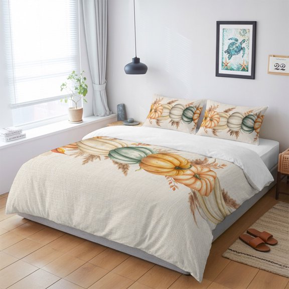 Duvet Cover King Size 3 Piece Bedding Set, Thanksgiving Pumpkin Autumn Reed Soft Breathable Comforter Cover with 2 Pillow Shams, Fall Leaves Retro Linen Luxury Duvet Covers with Zipper Closure