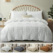 Duvet Cover King Size, 3 Pieces Boho Tufted Bedding Set for All Seasons, Soft and Embroidery Shabby Chic Duvet Covers Set with Zipper Closure (White, King, 104"x 90")