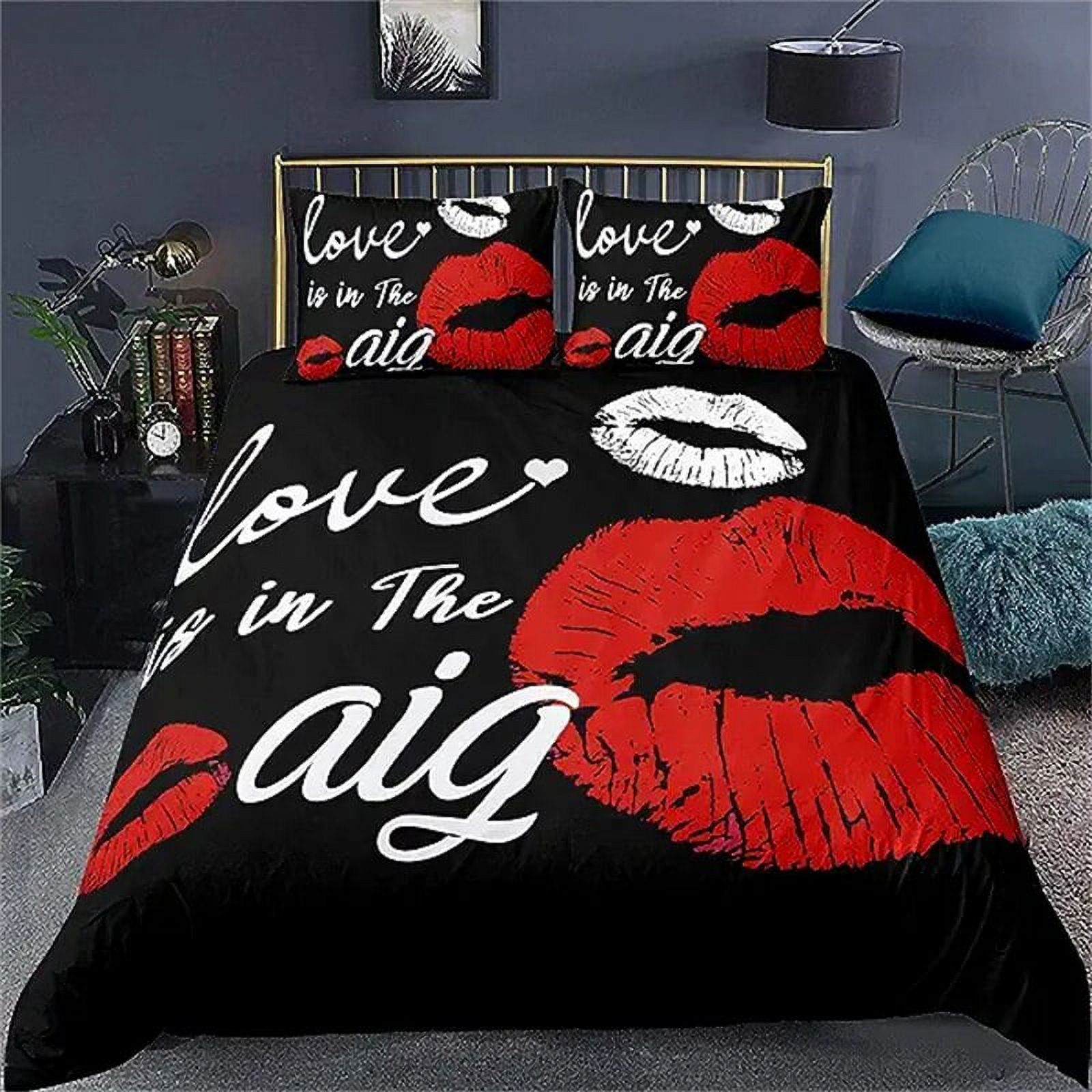 Duvet Cover Love Bedding Set Pink and Gray Lips Kissing Comforter Cover Sexy Theme Bedding