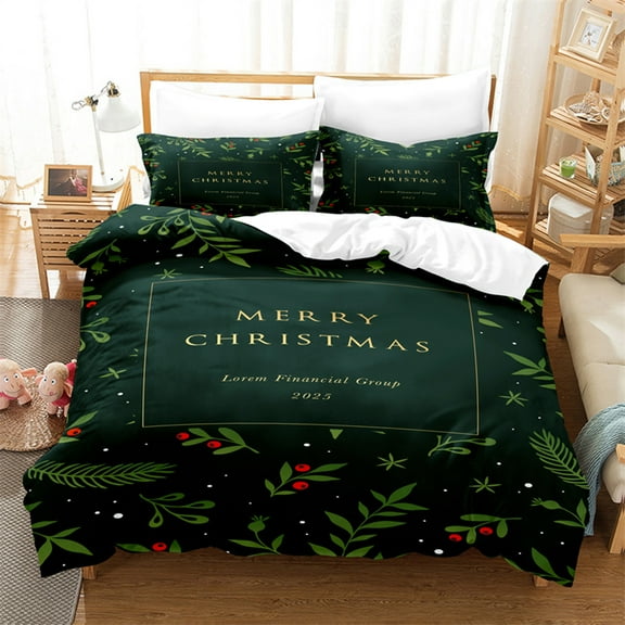 Duvet Cover Merry Lettering on An Abstract Modern Snowflake Dot Pattern rative Green for Children Women