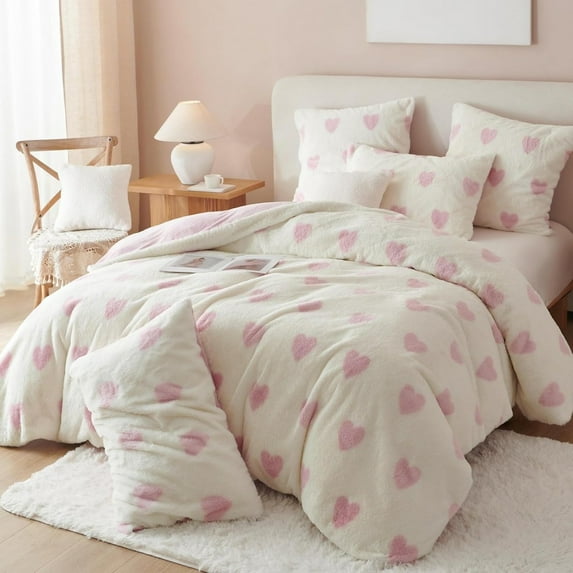 Duvet Cover Plush Bedding Set Pink Heart Love Faux Fur Fluffy Winter Bedding Flannel Velvet Beaver Warm Blanket Cover Winter Queen Size
