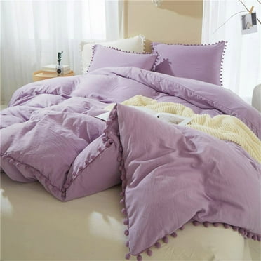 Duvet Cover Purple Twin Size Washed Microfiber Bedding Duvet Cover Set Pom Poms Fringe Solid Color Soft and Breathable