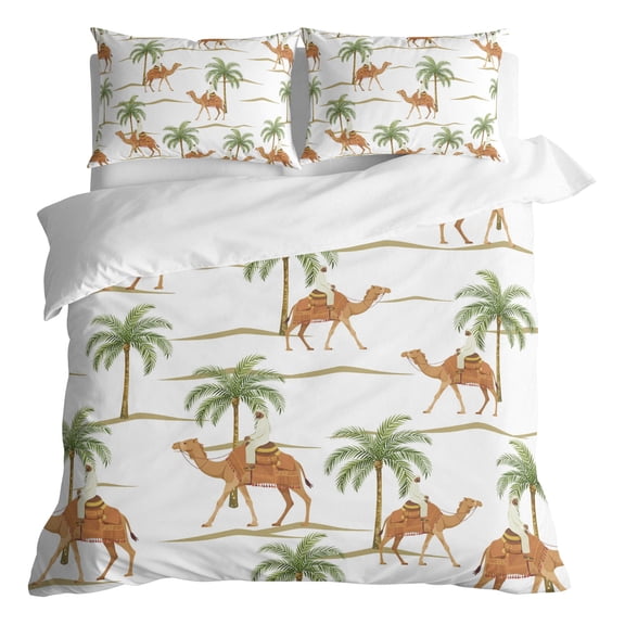 Duvet Cover Queen Size 3 Piece Bedding Set, Abstract Brown Camels Palm-trees Soft Breathable Comforter Cover with 2 Pillow Shams, Vintage Deserts Luxury Duvet Covers with Zipper Closure