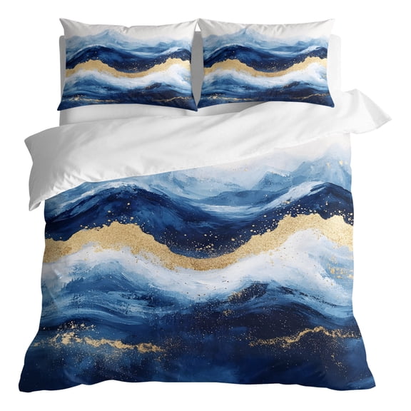 Duvet Cover Queen Size 3 Piece Bedding Set, Abstract Ocean Rough Sea Soft Breathable Comforter Cover with 2 Pillow Shams, Marine Big Wave Navy Blue Gold Luxury Duvet Covers with Zipper Closure