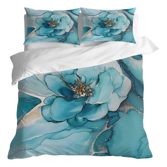 Duvet Cover Queen Size 3 Piece Bedding Set, Abstract Teal Flower Marble Style Soft Breathable Comforter Cover with 2 Pillow Shams, Modern Floral Pattern Luxury Duvet Covers with Zipper Closure