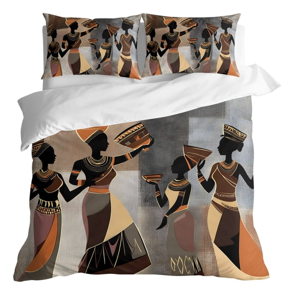 Duvet Cover Queen Size 3 Piece Bedding Set, African Ethnic Black Women Dancing Soft Breathable Comforter Cover with 2 Pillow Shams, Abstract Africa Tribal Luxury Duvet Covers with Zipper Closure