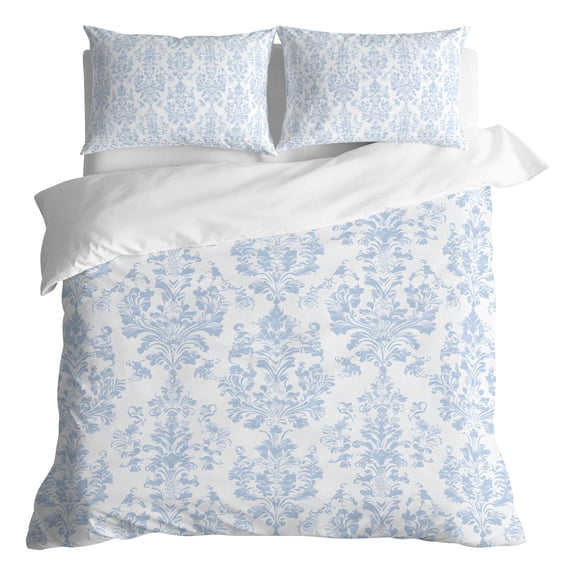 Duvet Cover Queen Size 3 Piece Bedding Set, Blue and White Floral Retro Soft Breathable Comforter Cover with 2 Pillow Shams, Retro Medieval Patterns Luxury Duvet Covers with Zipper Closure