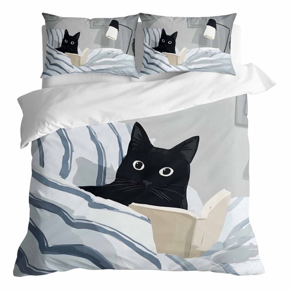 Duvet Cover Queen Size 3 Piece Bedding Set, Cartoon Reading Black Cat Soft Breathable Comforter Cover with 2 Pillow Shams, Kitty in Striped Blanket Luxury Duvet Covers with Zipper Closure