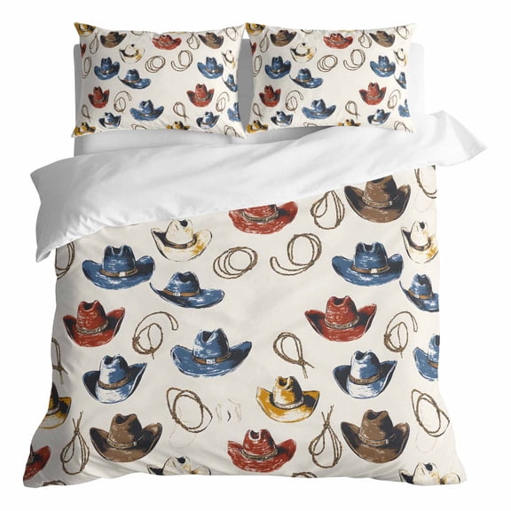 Duvet Cover Queen Size 3 Piece Bedding Set, Classic Western Cowboy Desert Soft Breathable Comforter Cover with 2 Pillow Shams, Watercolor Red Blue Hat Luxury Duvet Covers with Zipper Closure