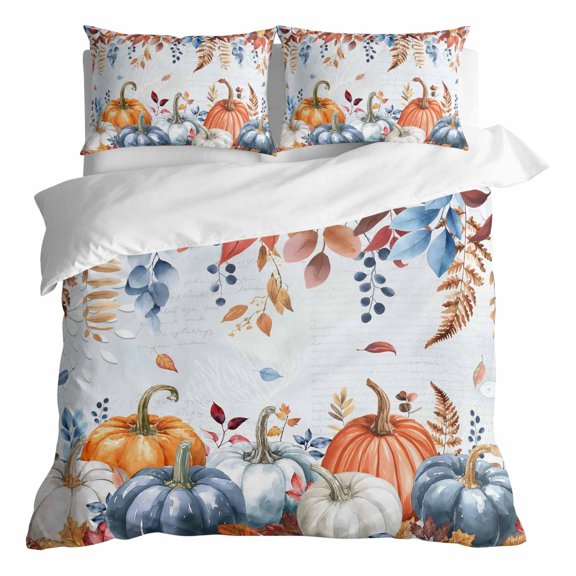 Duvet Cover Queen Size 3 Piece Bedding Set, Fall Fallen Leaves Thanksgiving Pumpkin Blue Soft Breathable Comforter Cover with 2 Pillow Shams, Watercolor Leaves Luxury Duvet Covers with Zipper Closure