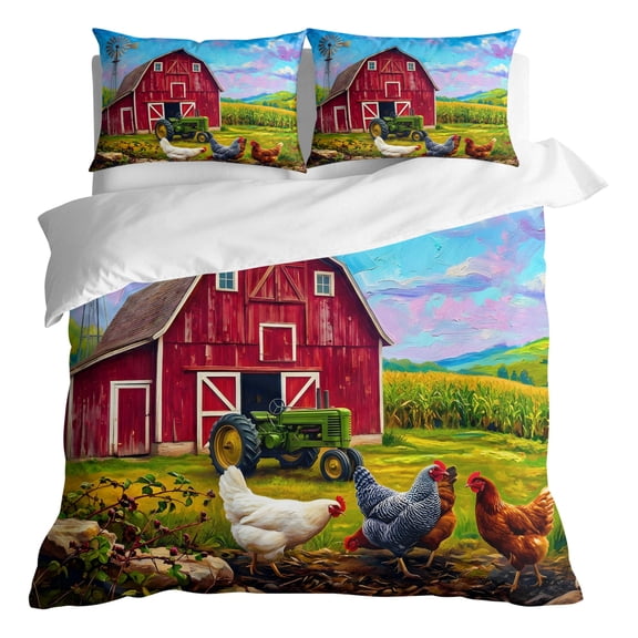 Duvet Cover Queen Size 3 Piece Bedding Set, Farmhouse Red Barn Chicken Soft Breathable Comforter Cover with 2 Pillow Shams, Green Tractor Luxury Duvet Covers with Zipper Closure