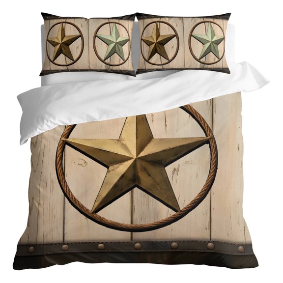 Duvet Cover Queen Size 3 Piece Bedding Set, Farmhouse Vintage Brown Western Star Soft Breathable Comforter Cover with 2 Pillow Shams, Rustic Wood Board Luxury Duvet Covers with Zipper Closure