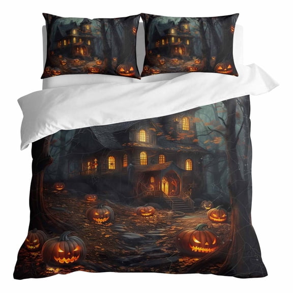 Duvet Cover Queen Size 3 Piece Bedding Set, Halloween Scary Haunted Castle Horror Pumpkin Soft Breathable Comforter Cover with 2 Pillow Shams, Spooky Night Forest Duvet Covers with Zipper Closure