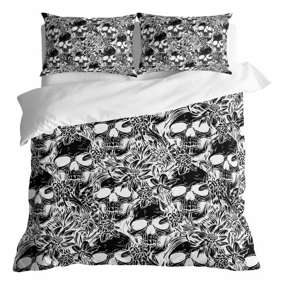 Duvet Cover Queen Size 3 Piece Bedding Set, Halloween Skull Seamless Abstract Floral Soft Breathable Comforter Cover with 2 Pillow Shams, Spooky Black Luxury Duvet Covers with Zipper Closure