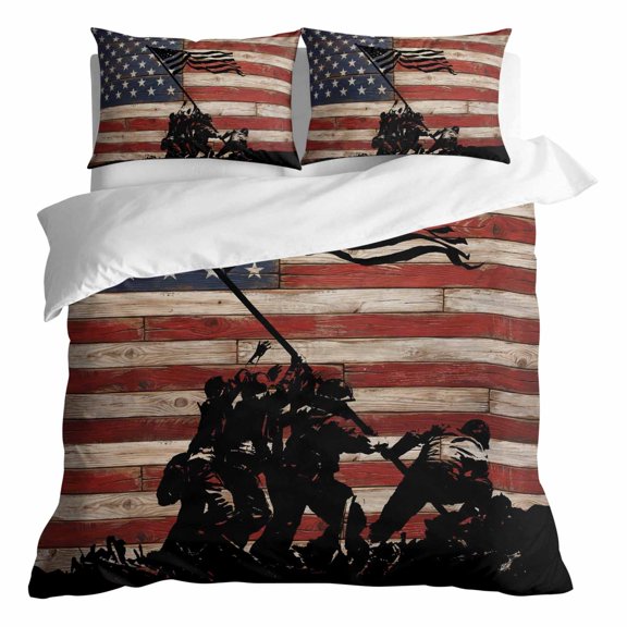 Duvet Cover Queen Size 3 Piece Bedding Set, Independence Day USA Flag Soft Breathable Comforter Cover with 2 Pillow Shams, Silhouette of Soldiers' Group Luxury Duvet Covers with Zipper Closure