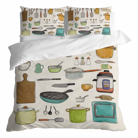 Duvet Cover Queen Size 3 Piece Bedding Set, Kitchen Cooking Kitchenware Cartoon Style Soft Breathable Comforter Cover with 2 Pillow Shams, Retro Linen Luxury Duvet Covers with Zipper Closure