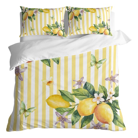 Duvet Cover Queen Size 3 Piece Bedding Set, Lemon Fruits Floral Leaves Soft Breathable Comforter Cover with 2 Pillow Shams, Yellow Stripes Luxury Duvet Covers with Zipper Closure