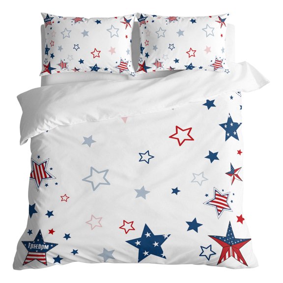 Duvet Cover Queen Size 3 Piece Bedding Set, Memorial Day American National Flag Soft Breathable Comforter Cover with 2 Pillow Shams, Blue Red Stripe Star on White Duvet Covers with Zipper Closure