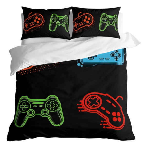 Duvet Cover Queen Size 3 Piece Bedding Set, Modern Game Controller on Black Soft Breathable Comforter Cover with 2 Pillow Shams, Abstract Gamer Pad Sketch Luxury Duvet Covers with Zipper Closure