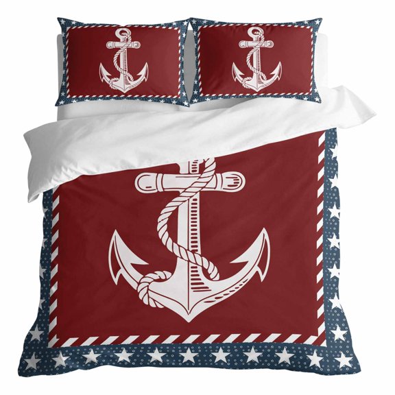 Duvet Cover Queen Size 3 Piece Bedding Set, Nautical Sailing Anchor Stars Stripes Soft Breathable Comforter Cover with 2 Pillow Shams, Independence Day Flag Luxury Duvet Covers with Zipper Closure