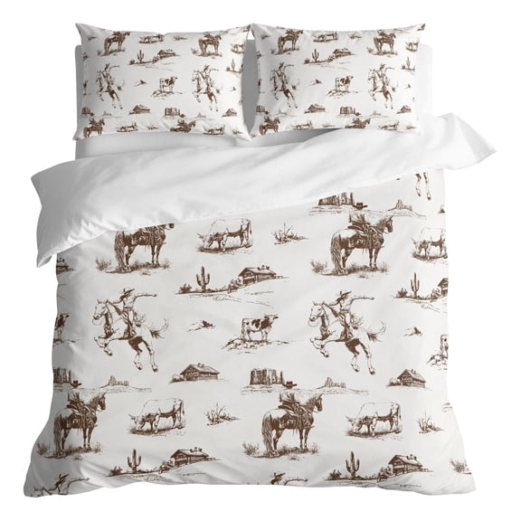 Duvet Cover Queen Size 3 Piece Bedding Set, Retro Western Cowboy Soft Breathable Comforter Cover with 2 Pillow Shams, Desert Horse Cactus Luxury Duvet Covers with Zipper Closure