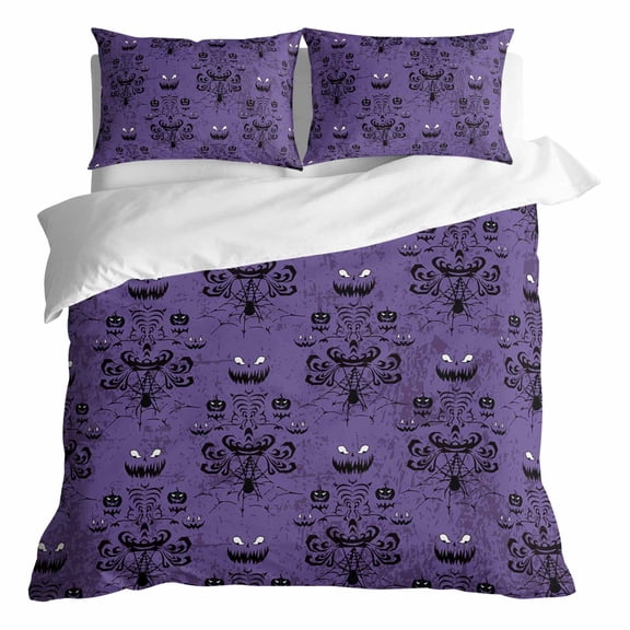 Duvet Cover Queen Size 3 Piece Bedding Set, Spooky Halloween Haunted Ghost Cobweb Soft Breathable Comforter Cover with 2 Pillow Shams, Black Purple Luxury Duvet Covers with Zipper Closure