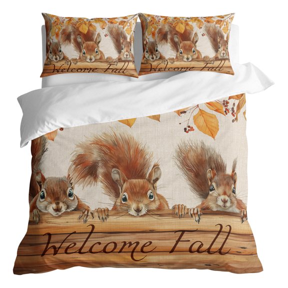 Duvet Cover Queen Size 3 Piece Bedding Set, Squirrel Autumn Tree Deciduous Farm Animal Soft Breathable Comforter Cover with 2 Pillow Shams, Vintage Wood Board Luxury Duvet Covers with Zipper Closure