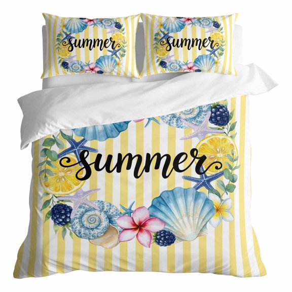 Duvet Cover Queen Size 3 Piece Bedding Set, Summer Lemons Sea Stars Shells Soft Breathable Comforter Cover with 2 Pillow Shams, Carnival Flowers Luxury Duvet Covers with Zipper Closure