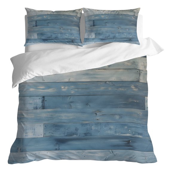 Duvet Cover Queen Size 3 Piece Bedding Set, Vintage Blue Wooden Palnk Soft Breathable Comforter Cover with 2 Pillow Shams, Farmhouse Wood Grain Luxury Duvet Covers with Zipper Closure