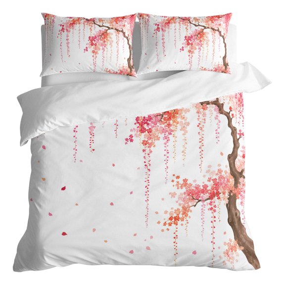 Duvet Cover Queen Size 3 Piece Bedding Set, Watercolor Cherry Blossom Soft Breathable Comforter Cover with 2 Pillow Shams, Pink Coral Flower Petals Luxury Duvet Covers with Zipper Closure