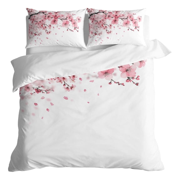 Duvet Cover Queen Size 3 Piece Bedding Set, Watercolor Pink Cherry Blossom Flower Soft Breathable Comforter Cover with 2 Pillow Shams, Floral Branch Luxury Duvet Covers with Zipper Closure
