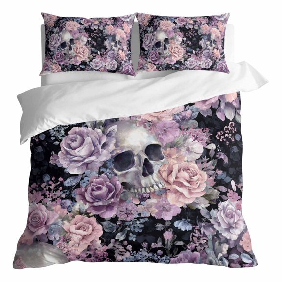 Duvet Cover Queen Size 3 Piece Bedding Set, Watercolor Skull Flower Leaves Soft Breathable Comforter Cover with 2 Pillow Shams, Halloween Horror Bone Luxury Duvet Covers with Zipper Closure