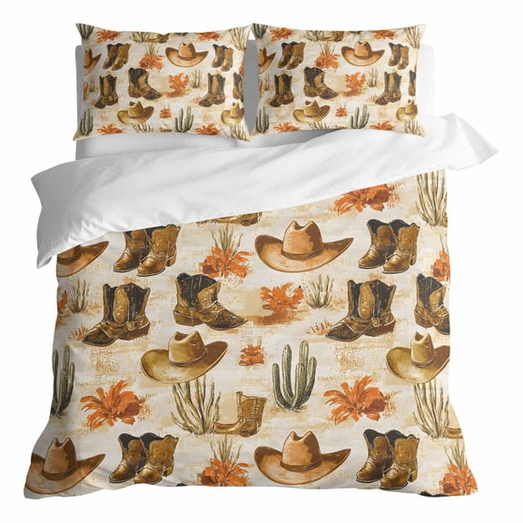 Duvet Cover Queen Size 3 Piece Bedding Set, Western Retro Cowboy Boot Hat Soft Breathable Comforter Cover with 2 Pillow Shams, Summer Desert Cactus Luxury Duvet Covers with Zipper Closure