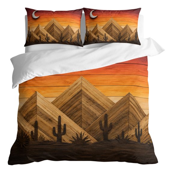 Duvet Cover Queen Size 3 Piece Bedding Set, Wooden Natural Scene Soft Breathable Comforter Cover with 2 Pillow Shams, Desert Mountain Cactus Moon Wood Luxury Duvet Covers with Zipper Closure