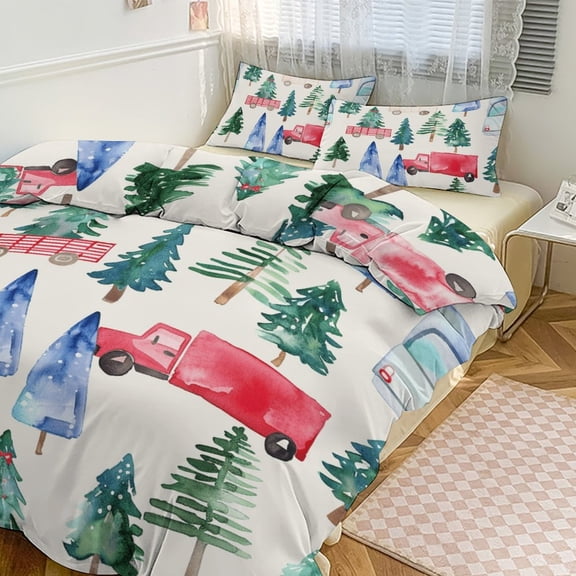 Duvet Cover Queen Size Christmas Train Cedar Tree 3 Pcs Duvet Cover Set Bedding Sets Queen Soft Breathable
