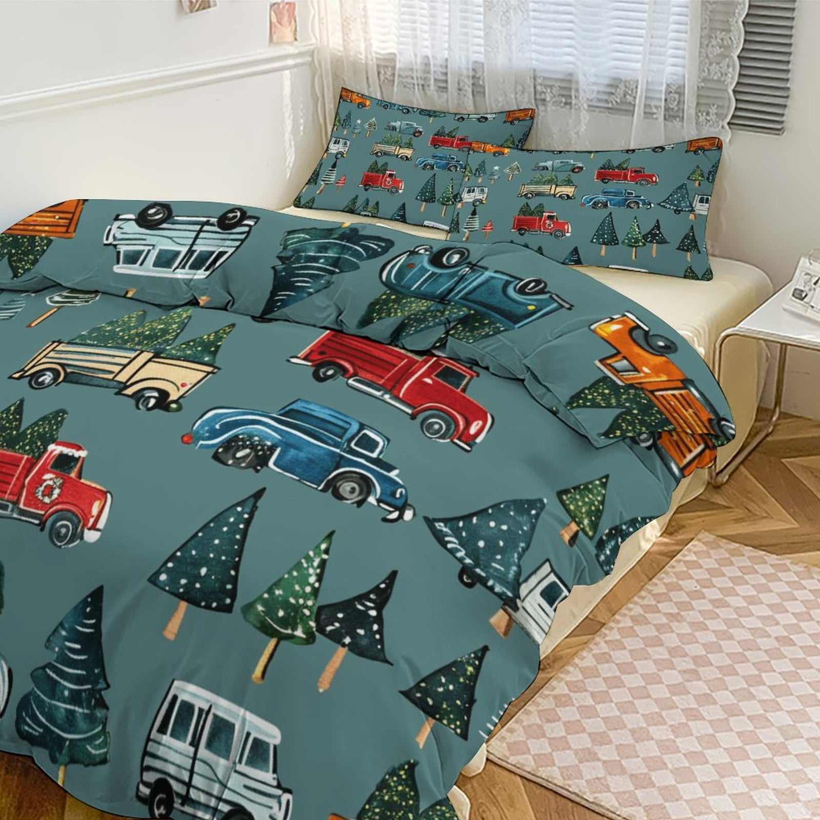 Duvet Cover Queen Size Christmas Train Cedar Tree 3 Pcs Duvet Cover Set