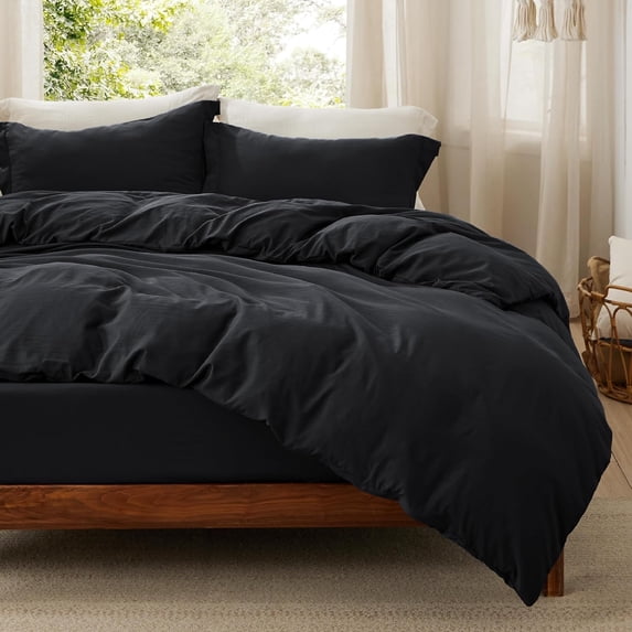 Duvet Cover Queen Size with Fitted Sheet - 4 Pieces Prewashed Polyester Extra Soft Bedding Set, Includes 1 Duvet Cover 90x90 Inches with Zipper Closure, 2 Pillow Shams, 1 Fitted Sheet, Black