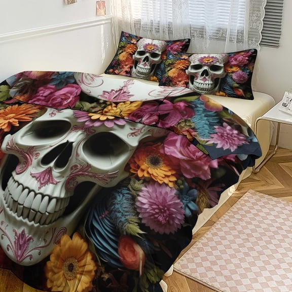 Duvet Cover Queen Size Gothic Skull Lover 3 Pcs Duvet Cover Set Bedding Sets Queen Soft Breathable