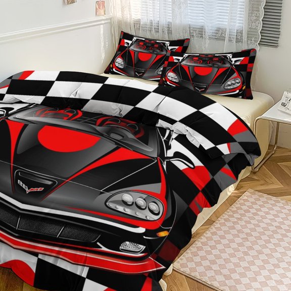 Duvet Cover Queen Size Grid Racing Car 3 Pcs Duvet Cover Set Bedding Sets Queen Soft Breathable