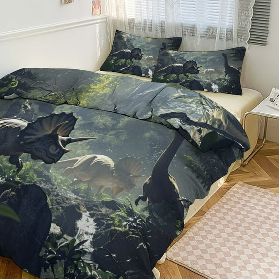 Duvet Cover Queen Size Jurassic Dinosaur 3 Pcs Duvet Cover Set Bedding Sets Queen Soft Breathable