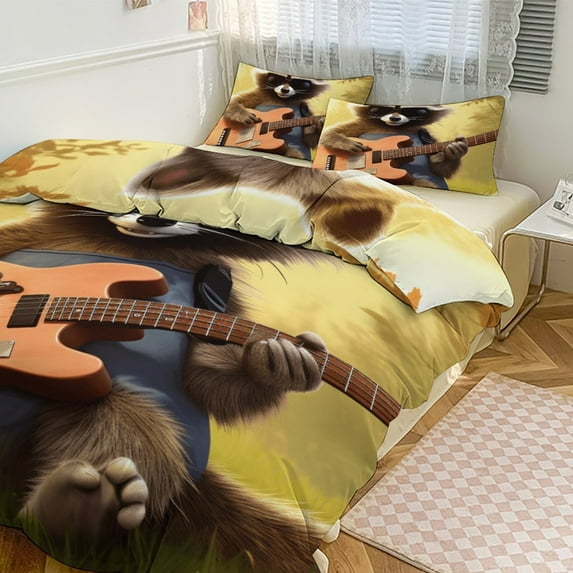 Duvet Cover Queen Size Raccoon Playing Guitar 3 Pcs Duvet Cover Set Bedding Sets Queen Soft Breathable