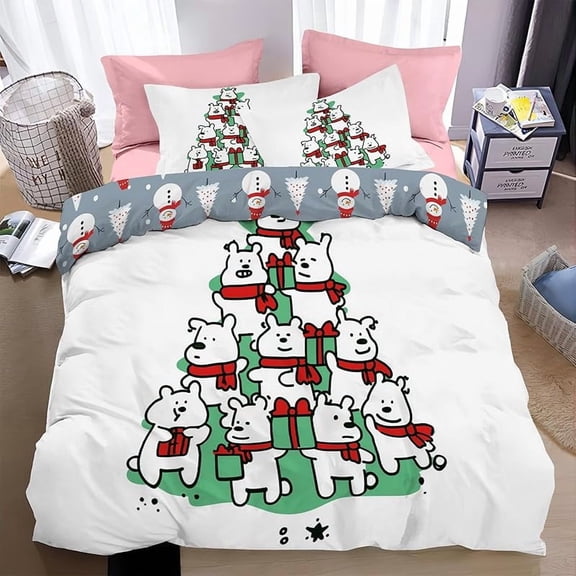 Duvet Cover Queen Size,White Cute White Bear 3-Piece Bedding Quilt/Comforter Covers Set,Christmas Tree Reversible Bed Pillowcases Bedroom Decor with Hidden Zipper & Corner Ties