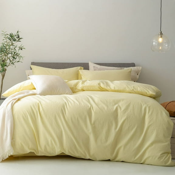 Duvet Cover Set 100% Washed Cotton Linen Feel Super Soft Breathable Cozy 3 Pieces Bedding Sets Solid Pastel Yellow Queen
