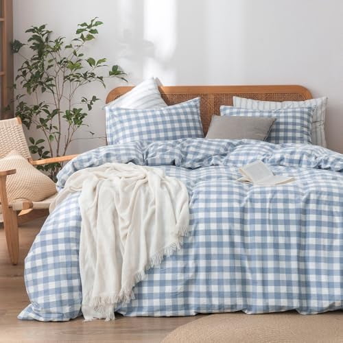 Duvet Cover Set 100% Washed Cotton Linen Feel Super Soft Comfortable Chic Lightweight 3 PCs Home Bedding Set Cornflower Blue & White Grid Queen