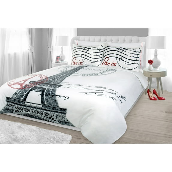 Duvet Cover Set 3PC Double/Queen Postcard Red Ink