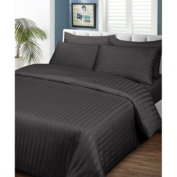 Duvet Cover Set 5 Piece, 100% Egyptian Cotton Extra Soft & 400 Thread Count, Zipper Closure and Quilts Cover Set, Cool and Breatheable Bedding Sets Dark Gray Stripe,Full Size.