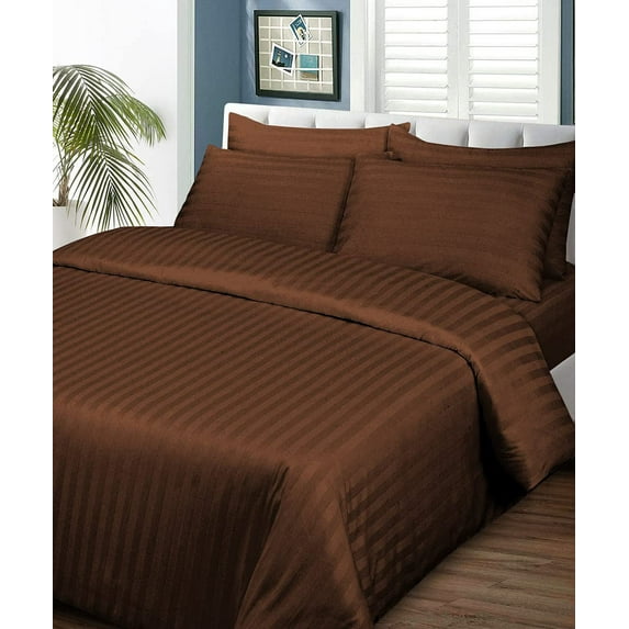Duvet Cover Set 5 Piece, 100% Egyptian Cotton Soft & 400 Thread Count, Zipper Closure and Quilts Cover Set, Cool and Breatheable Bedding Sets Chocolate Stripe, Over Sized King plus Size.