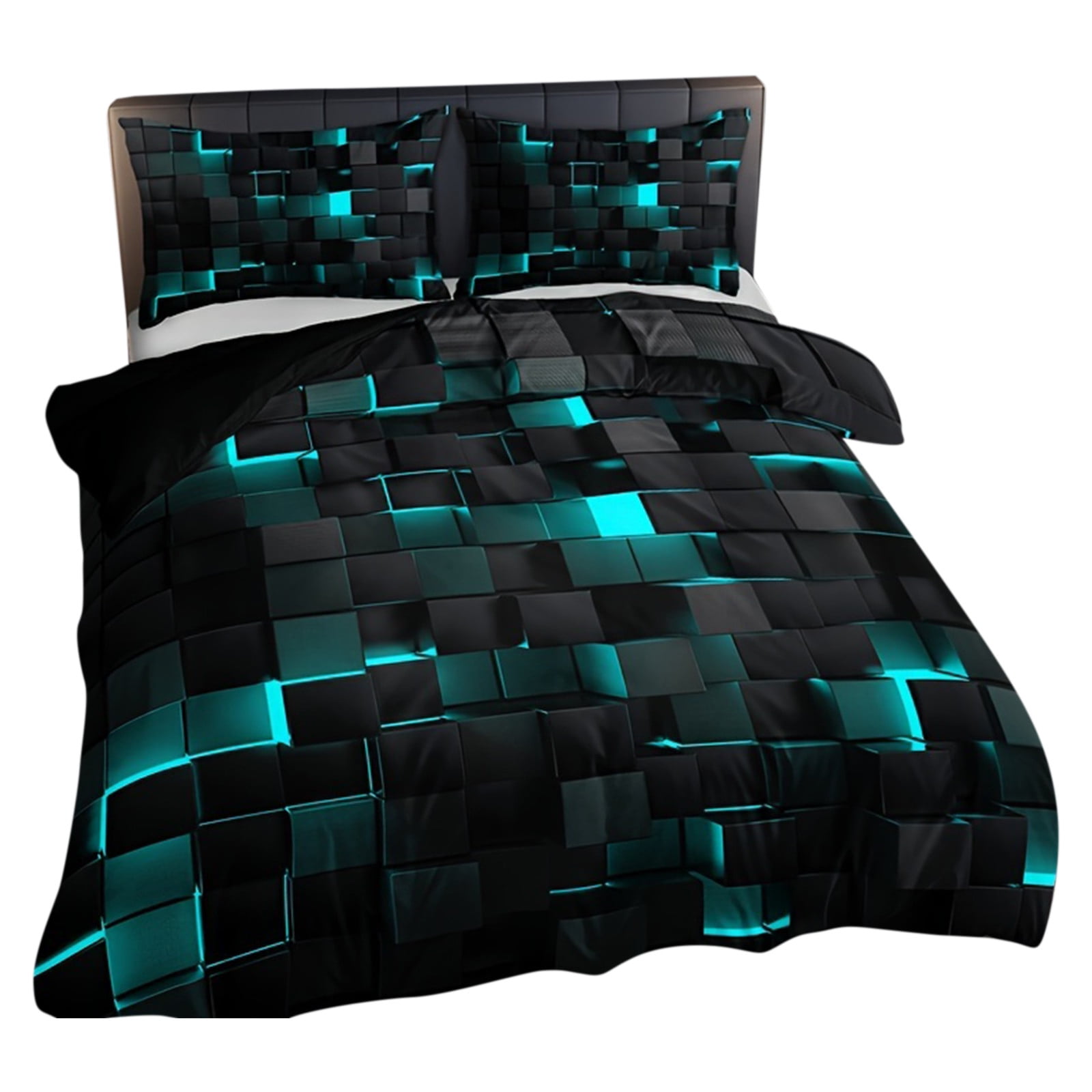 Duvet Cover Set, 59X79 In, Cyan Block Grid, Black Bedding Set, Guest Bedroom, King Size Pillow Shams Set of 2, Geometric Print, 3 Set