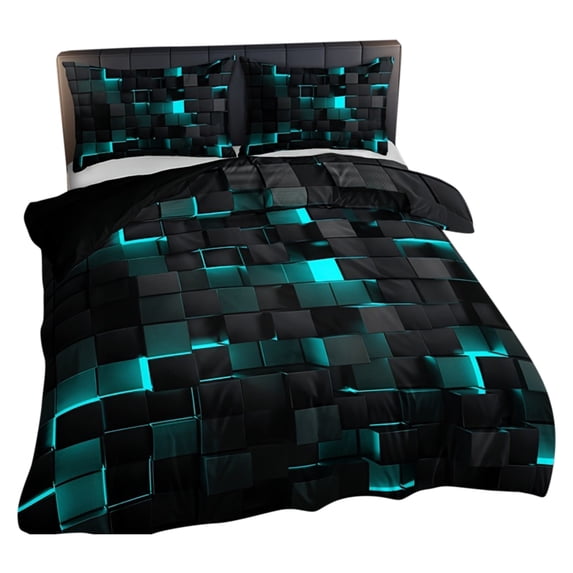 Duvet Cover Set, 59X79 In, Cyan Block Grid, Black Bedding Set, Guest Bedroom, King Size Pillow Shams Set of 2, Geometric Print, 3 Set
